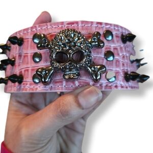 Pink Skull Spiked Dog Collar Size Small 2" Width For Medium Dog